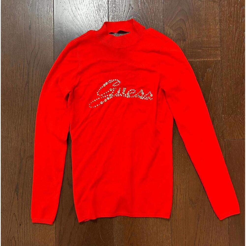 Vintage Guess Y2k Sweater Rhinestone Logo Open Back Womens Small